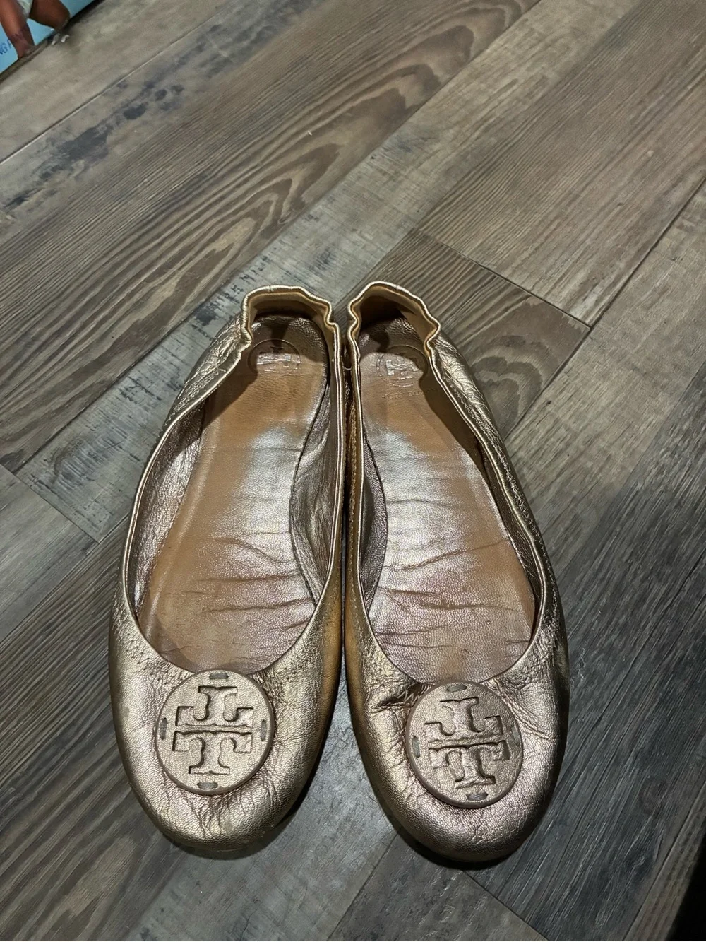 Tory Burch Metallic Gold Leather Logo Ballet Flats